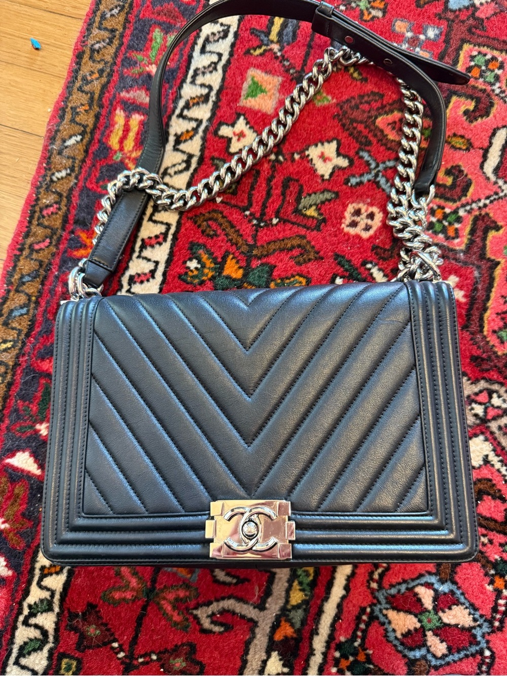 CHANEL Black Chevron Quilted New Medium BOY Bag w/ RARE Polished Silver Hardware